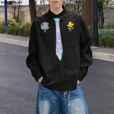 Oversized Men Spring Lapel Neck Long Sleeve Cartoon Print Shirts Casual Tops