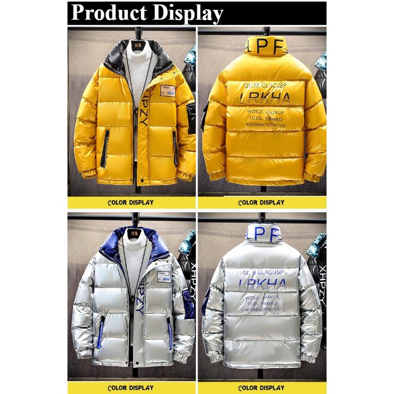 Korejská verze lesklé pánské zimní bundy se stojáčkem, bavlněný zateplený teplý kabát, ležérní volný pohodlný vysoce kvalitní materiál, péřová bunda