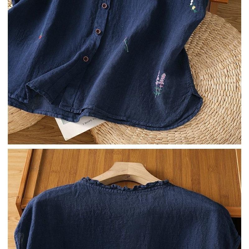 Women Navy Blue Cotton Linen Floral Embroidered Sleeveless Button Blouse With Ruffle Neck Summer Casual Top