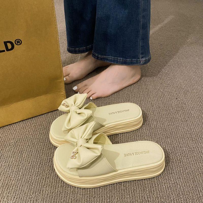 High-end women's cool slippers summer wear beautiful bow one-word drag versatile fashion women's shoes