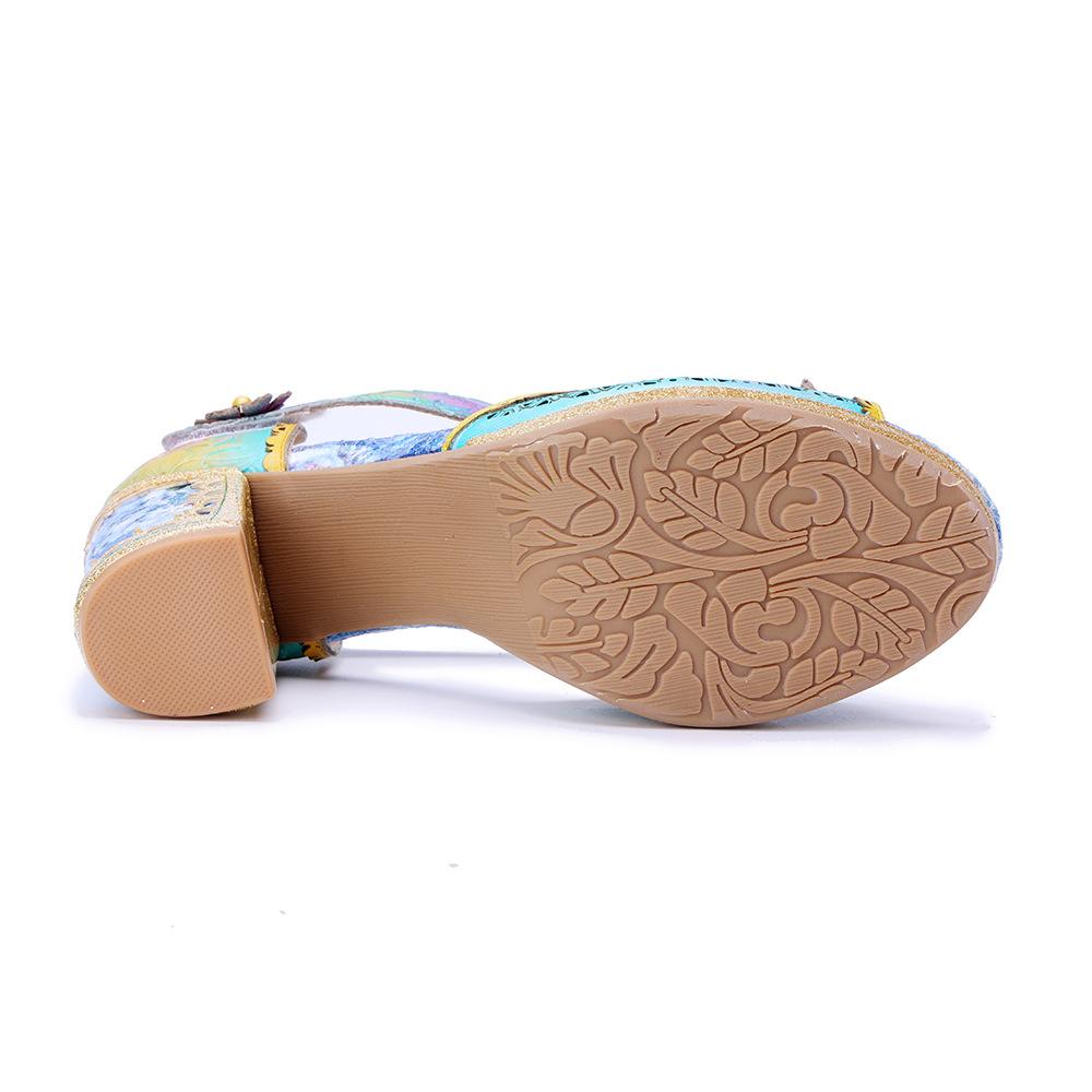 Johnature Genuine Leather Vintage Baroque Style Carved And Painted Floral Comfortable High-heeled Sandals