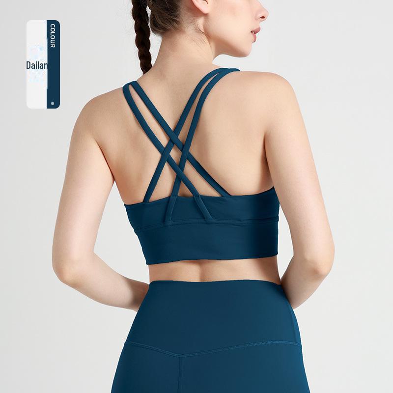 European-American Style Cross-Back Sports Vest: Shock-Absorbing Gathered Sports Bra & Nude Yoga Top for Women