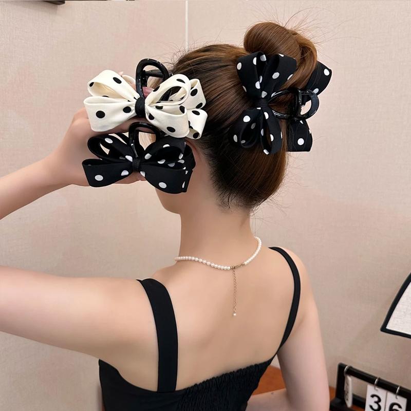 High-grade polka dot bow hairclip claw for women elegant shark clip high ponytail hairpin back of head clip