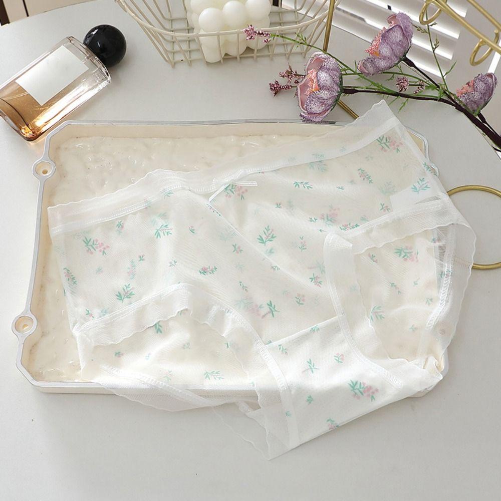 5PCS Mid Waist Transparent Floral Briefs Seamless Underwear for Women Mesh Flower Panties  Gifts