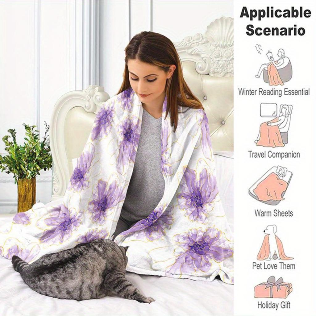 1 Purple Floral Print Flannel Blanket - Warm and cozy, perfect for sofas, offices, beds, camping, and Christmas.