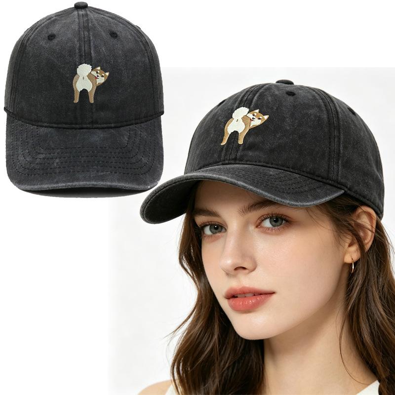 Cartoon cute puppy embroidery washed retro soft top baseball cap men's and women's casual outdoor sunshade cap