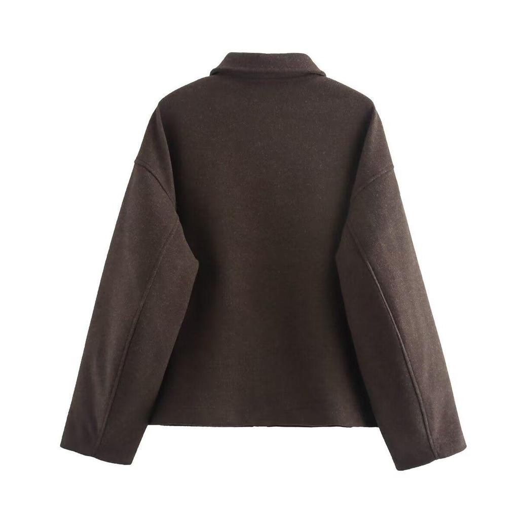 European & American Women's Retro Solid Color Lapel Short Jacket - Brown.