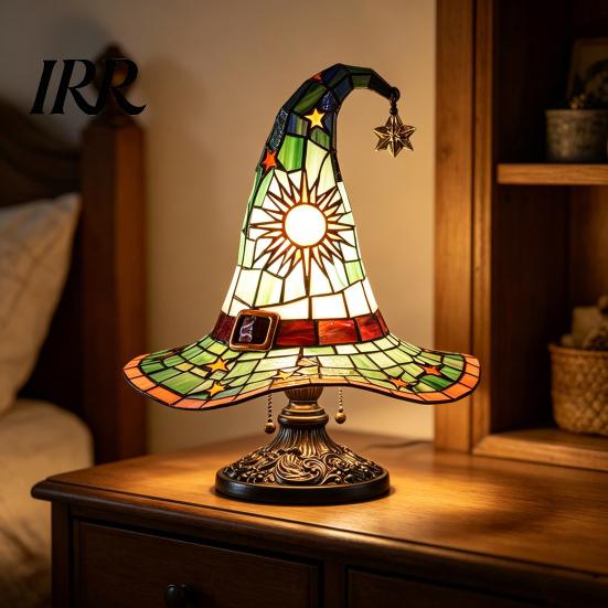 Low Energy Desk Lamp Stained Glass Style Witch Hat Lamp, USB Powered Resin Wizard Night Light Retro Gothic with Sun Star, Halloween Table for Bedroom
