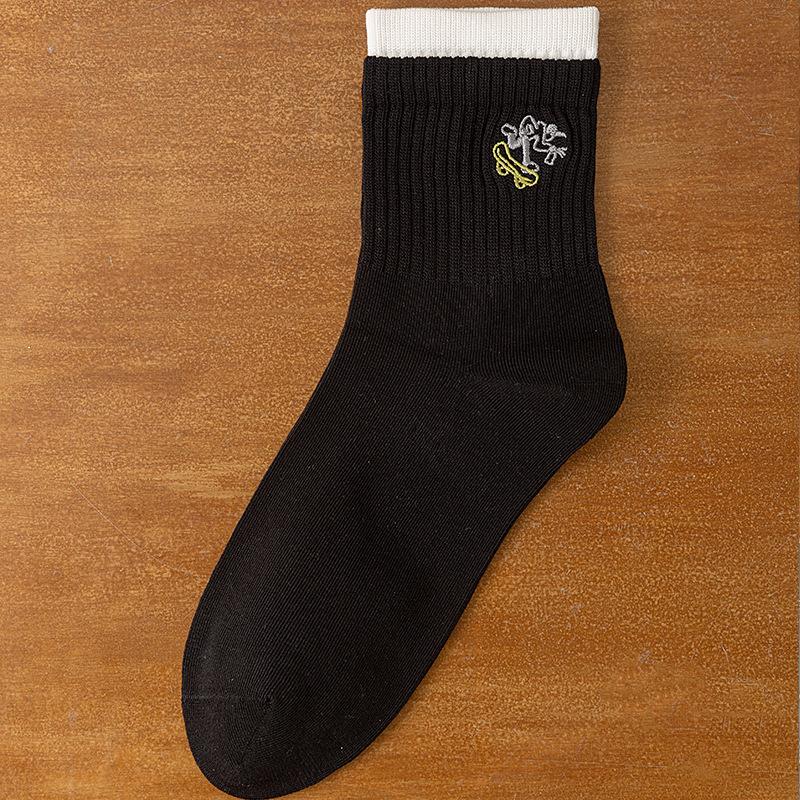 Men's Spring and Autumn New Cartoon Embroidery Match Color Double Mouth Boneless Sport Tube Socks