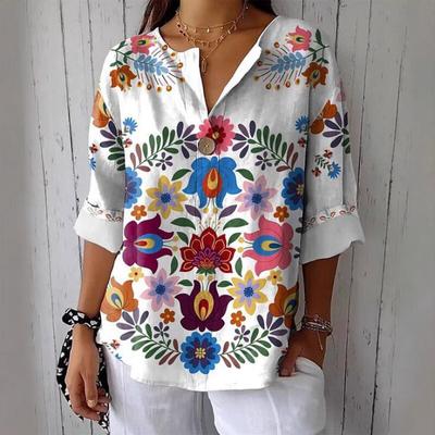 New European and American Women's Clothing Spring and Autumn Hot Buttoned V-neck Fashion Printed T-shirt Loose Long-sleeved Top