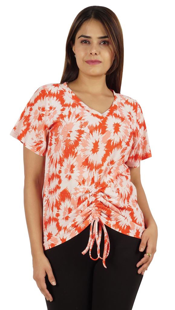 Moomaya Tie Dye Short Sleeve Ruching Tops For Women V-Neck Casual Jersey Tee