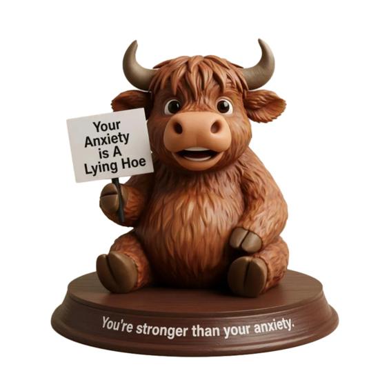 Highland Cow Figurine Emotional Support Highland Cow Statue Resin Cow Ornament with Funny Quotes Straight-Talking Companion for Desk Bookshelf Decor
