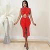 Damen Sexy Netz Durchsichtig Heißer Strass Hohl Schlitz Kleid C5796