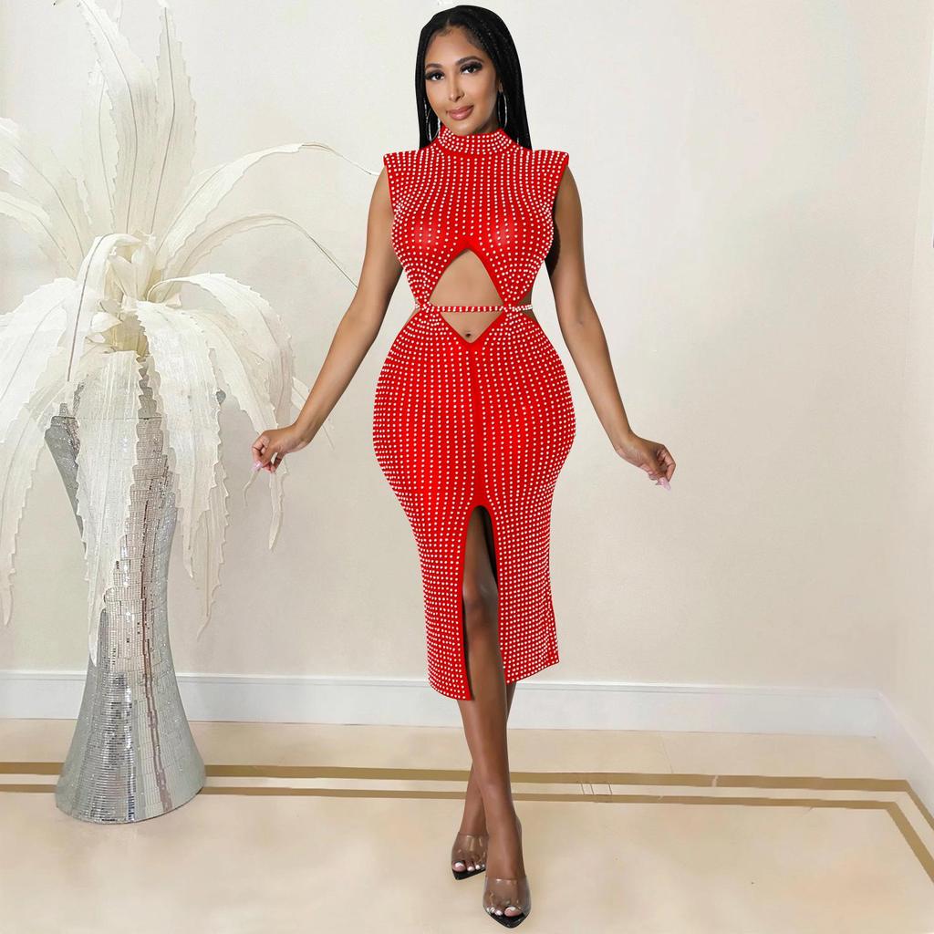 Damen Sexy Netz Durchsichtig Heißer Strass Hohl Schlitz Kleid C5796