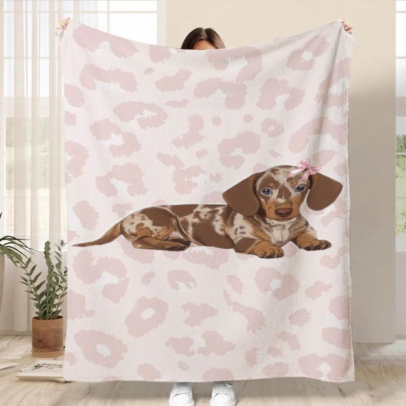 Pink Leopard Print Dachshund Flannel Blanket For Cozy Bedroom Decor Soft Warm Throw Blanket Gift