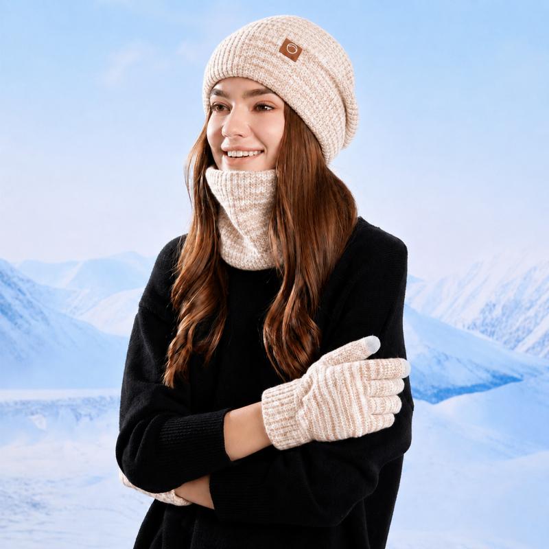 Winter Knitted Hat Scarf Gloves Set Thermal Soft Warm Three Piece Beanie Neck Warmer Touchscreen Gloves Outdoor Daily Wear Women Winter Accessory
