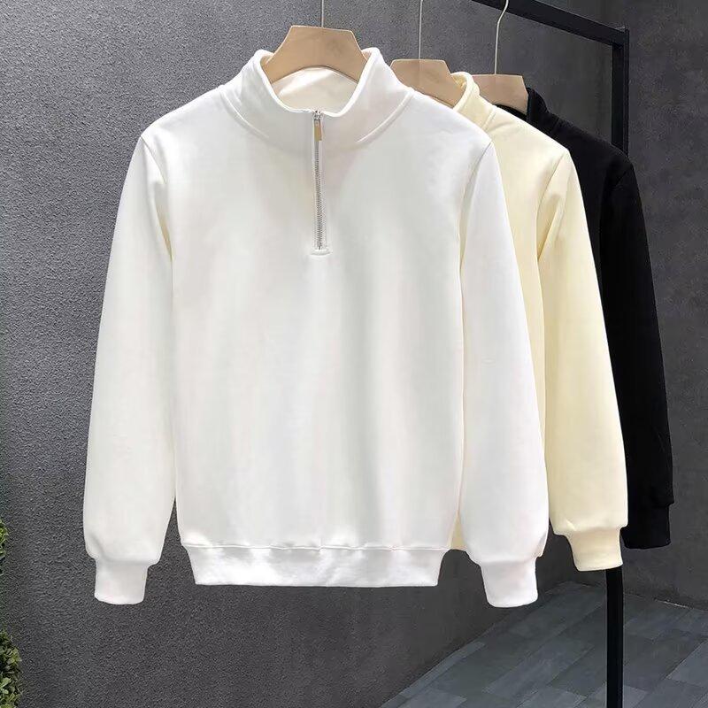 Hong Kong-Style Men's Retro Streetwear Solid Color Half-Zip Long Sleeve Hoodie