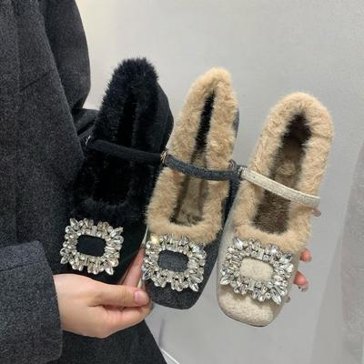 Warm High-heeled Women's Shoes Rhinestone Thick Fleece Square Head Fleece Beanie Shoes Ladyshoes Single Shoes Mary Jane
