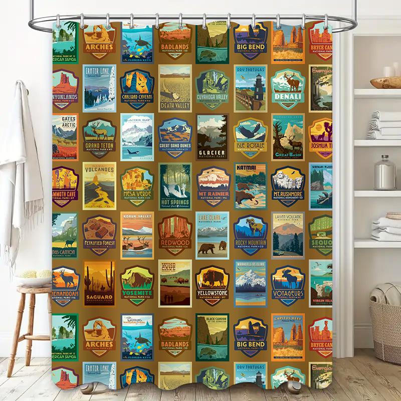 Vintage National Parks Poster Shower Curtain Nature Inspired Decor For Bathroom