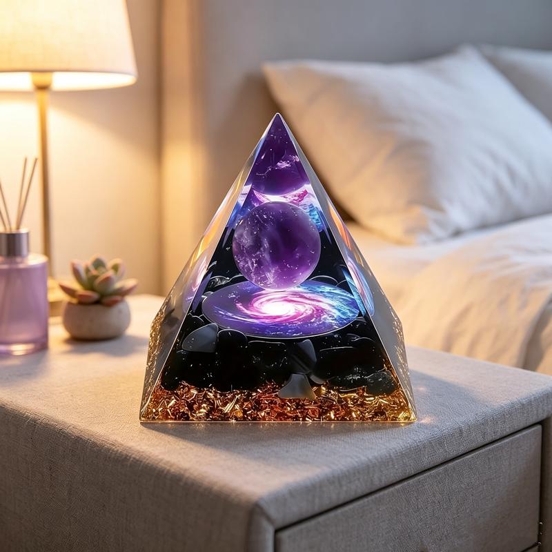 Natural Orgone Pyramid with Galaxy Design Amethyst Sphere Obsidian Filling for Meditation Gift Living Room Decor