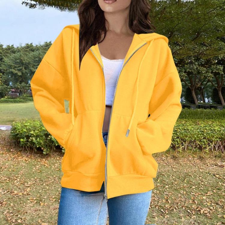 Women's Casual Solid Color Long Sleeve Zippered Hooded Sweatshirt Fashion Top