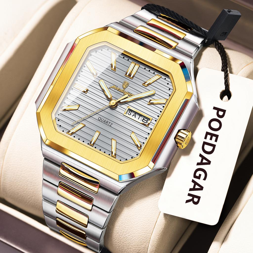 Top Luxury Brand Male Watch Waterproof Luminous Date Week Quartz Men's Watches Stainless Steel Fashion Square Men Watch