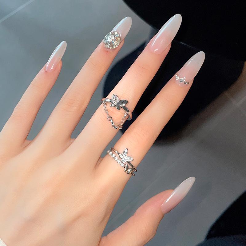 Butterfly Chain, Zircon Ring, Double-Layer Cold Wind Ring, Personalized Hip-Hop Index Finger Ring, Niche Design