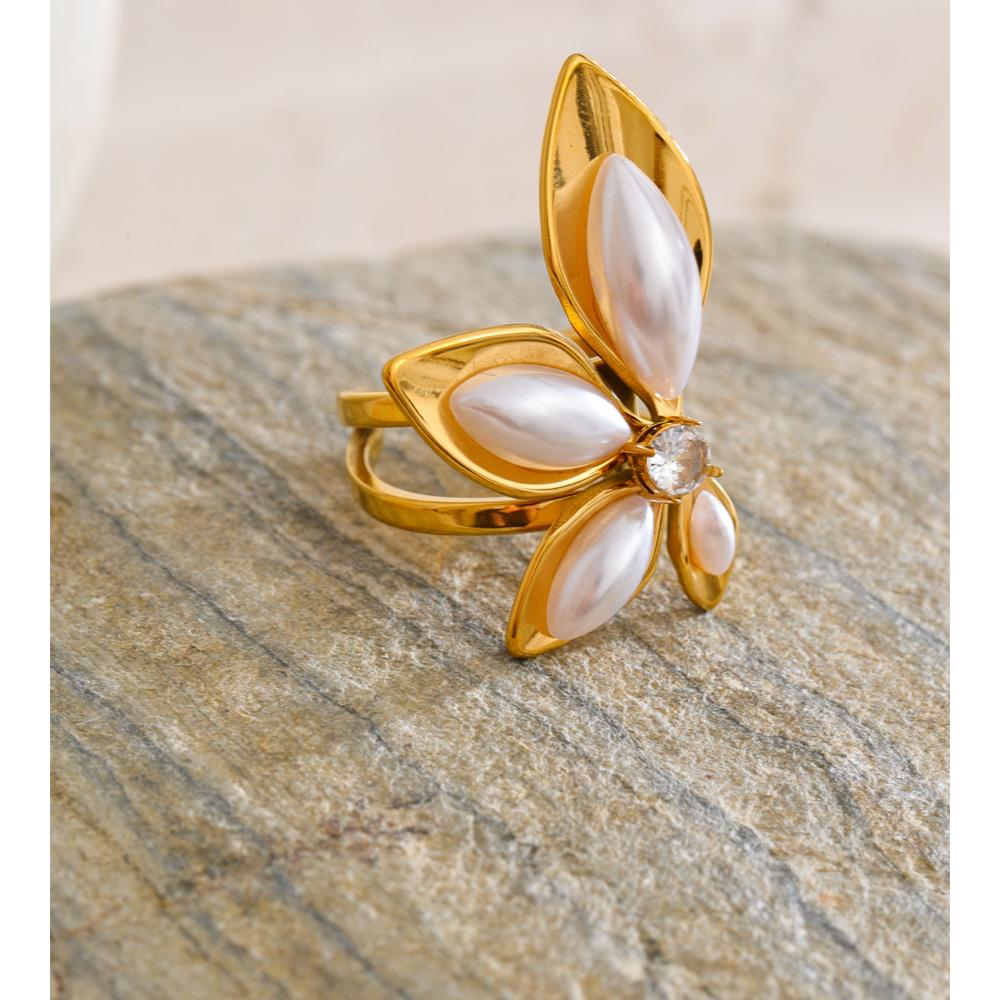 Yhpup Stainless Steel Simulated Pearls Open Flower Ring Trendy 18K Golden PVD Plated Young Modern Finger Jewelry Accessories