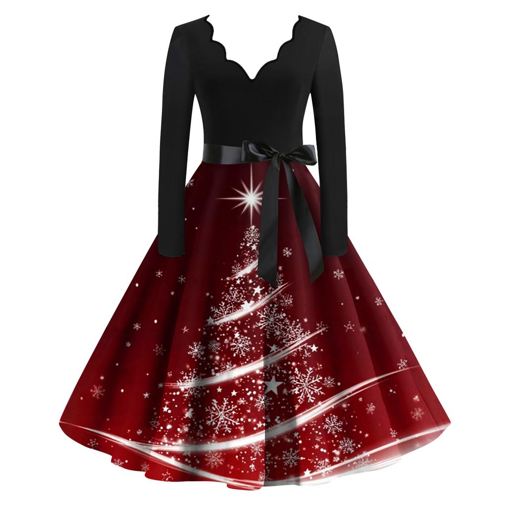 Damen Lässig Und Modisch V-Ausschnitt Langärmlig Weihnachten Bedrucktes Kleid