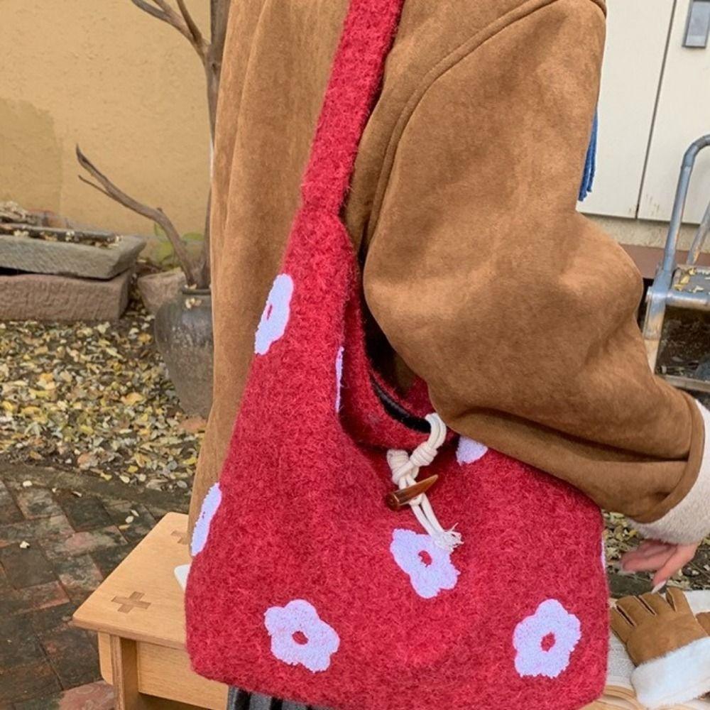 Large Capacity Plush Tote Bag Soft Polyester Lining Floral Handle Bag Underarm Bag  Ladies Purse