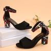 Fashion 2025 Summer Shoes Sqaure High Sandals Vintage Flower Print Open Toe High Heels Woman Casual Buckle Ankle Strap Sandalse