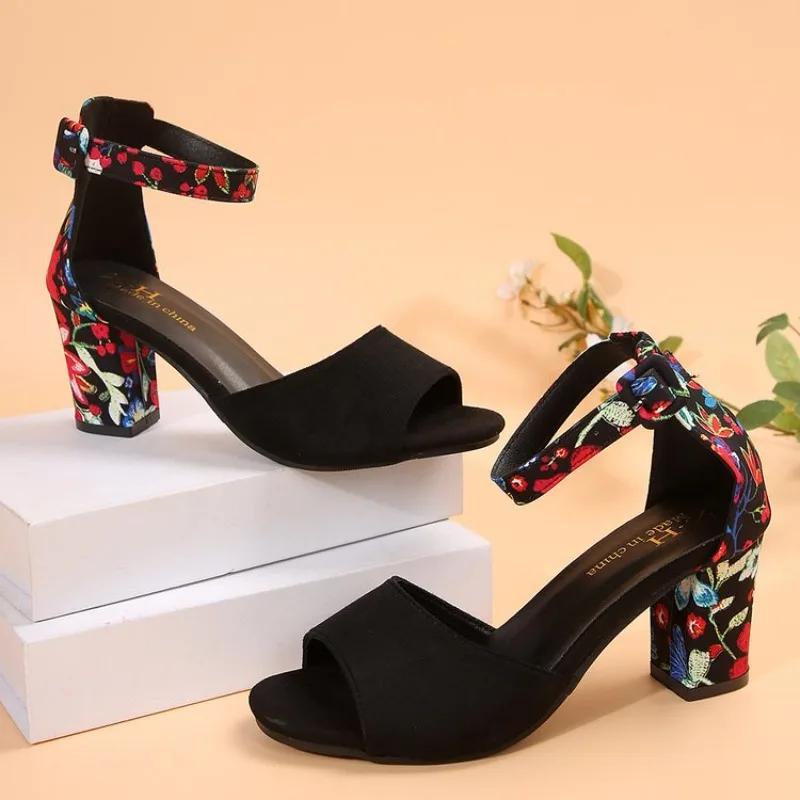 Fashion 2025 Summer Shoes Sqaure High Sandals Vintage Flower Print Open Toe High Heels Woman Casual Buckle Ankle Strap Sandalse