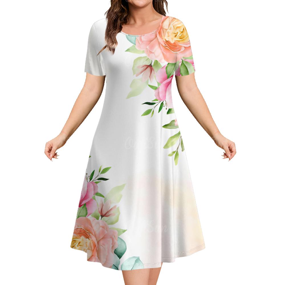 Women's Dresses 2025 Summer  Flower Elements  Dresses Elegant Casual Loose fashion Short Sleeve Dresses