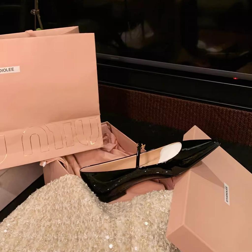 Sheepskin Version~ French Gentle Shoes Small Gold Buckle One Word with Pointed Head Flat Shoes Mary Jane Shoes Women's Single Shoes