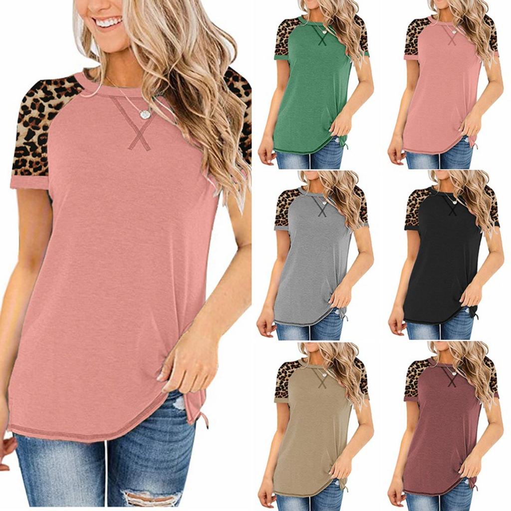 Fashion Womens Leopard Splicing Round Neck Casual Long Sleeve Tops