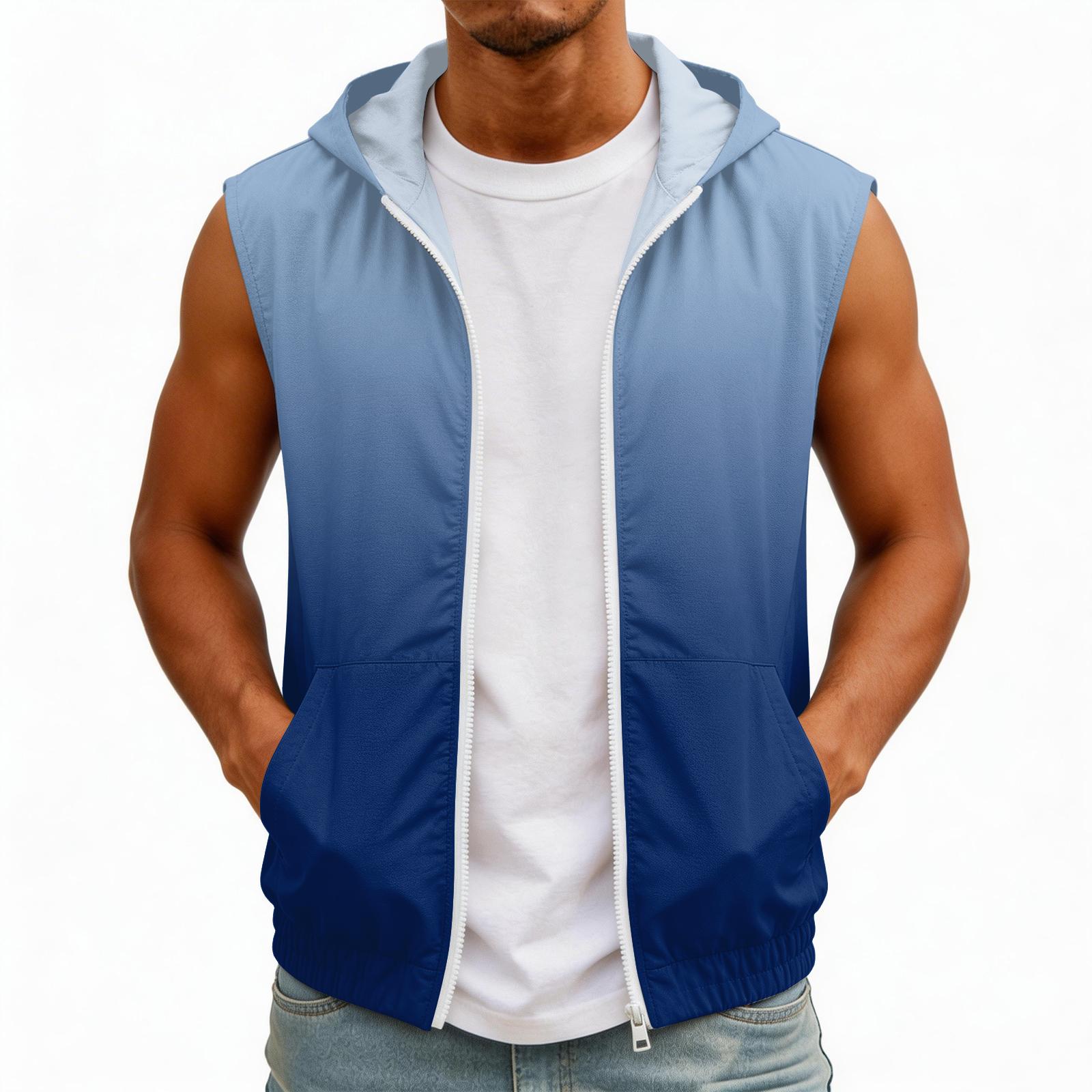 

Men s Sleeveless Hooded Sun Protection Vest Lightweight Gradient Print Design with Functional Pockets Outdoor Wear XL