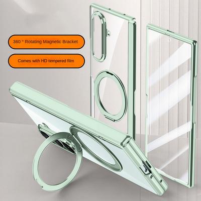 Metal Ring Holder Magsafe Magnetic Phone Case for Samsung Galaxy Z Fold 7 Spring Hinge with Tempered Glass Film Protection Cover