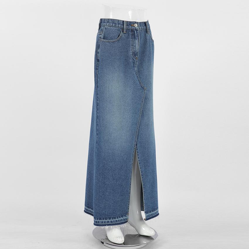 Sommer Pendler Hoher Bund Schlitz Blauer Denimrock Langer Rock Retro Hüftrock