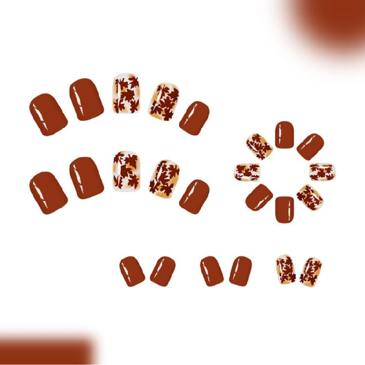 Shine Artificial Tips 24Pcs Kit Maple Leaf Design Short Rectangular Press On Nail Tips Glittering Face Not Need Adhesive