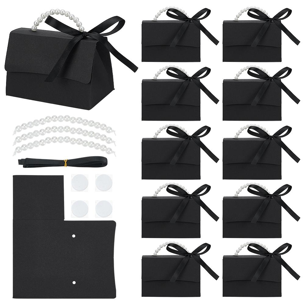 16sets Foldable Paper Wedding Candy Totes with Plastic Imitation Pearl Round Beaded Handle and Ribbon Handbag Shape Black