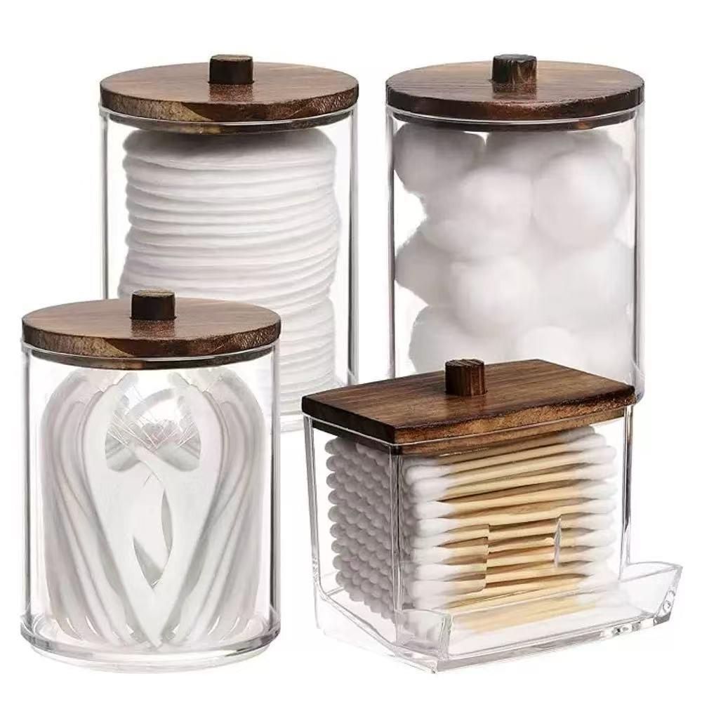 Bamboo Lid Cotton Swab & Makeup Remover Acrylic Storage Box: Includes Cotton Balls, Dental Floss, Round Box