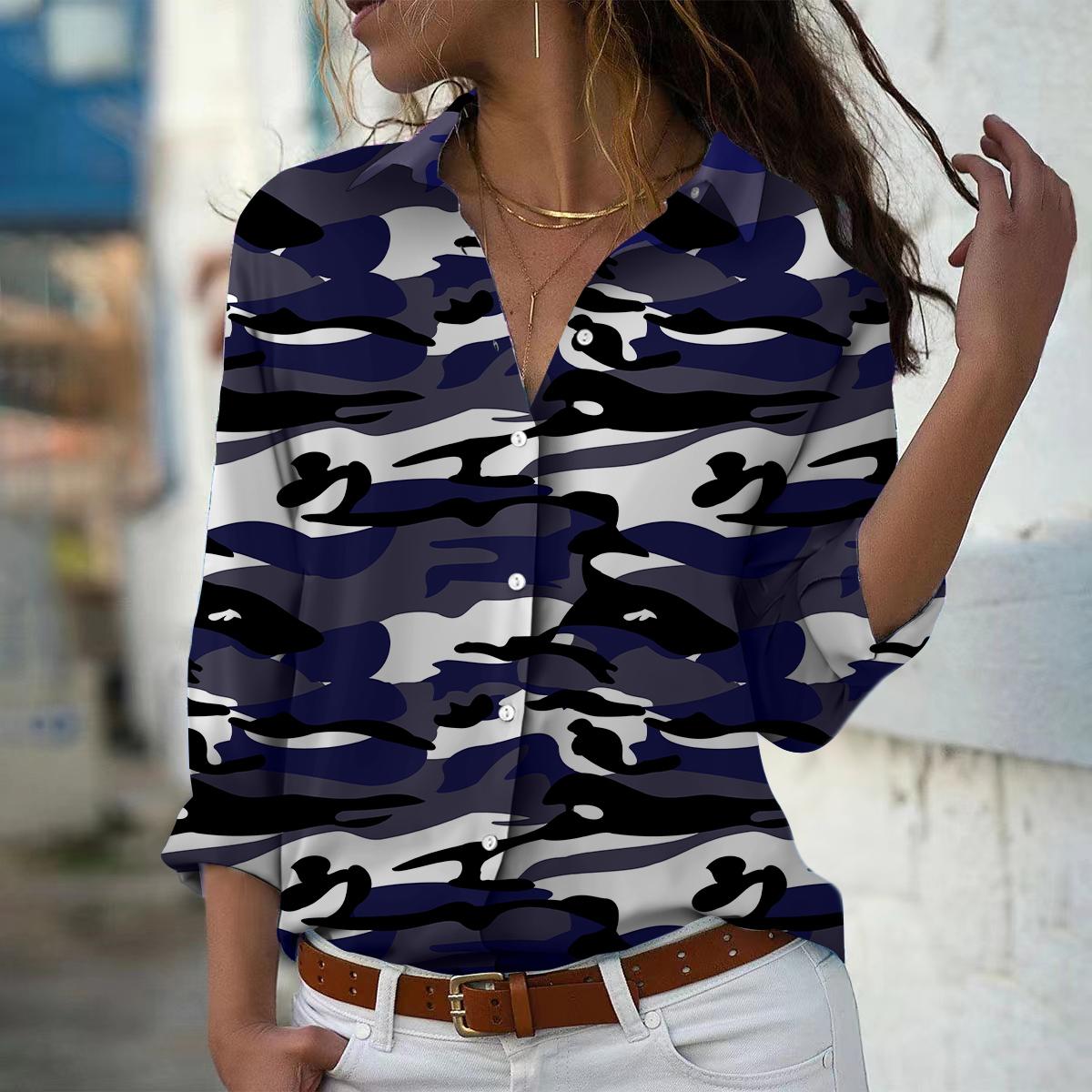 

Блузка с принтом «призрак» для женщин, весна-осень, женская, офисная, на пуговицах, с отложным воротником 8XL темно-синий