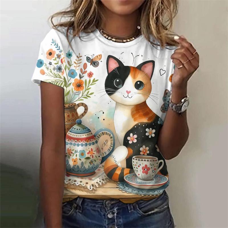 3D Printed Cute Cat T-Shirt For Women Flower Plants Animal Graphic Tees Summer Casual Loose T Shirts O-Neck Tops Short Sleeves