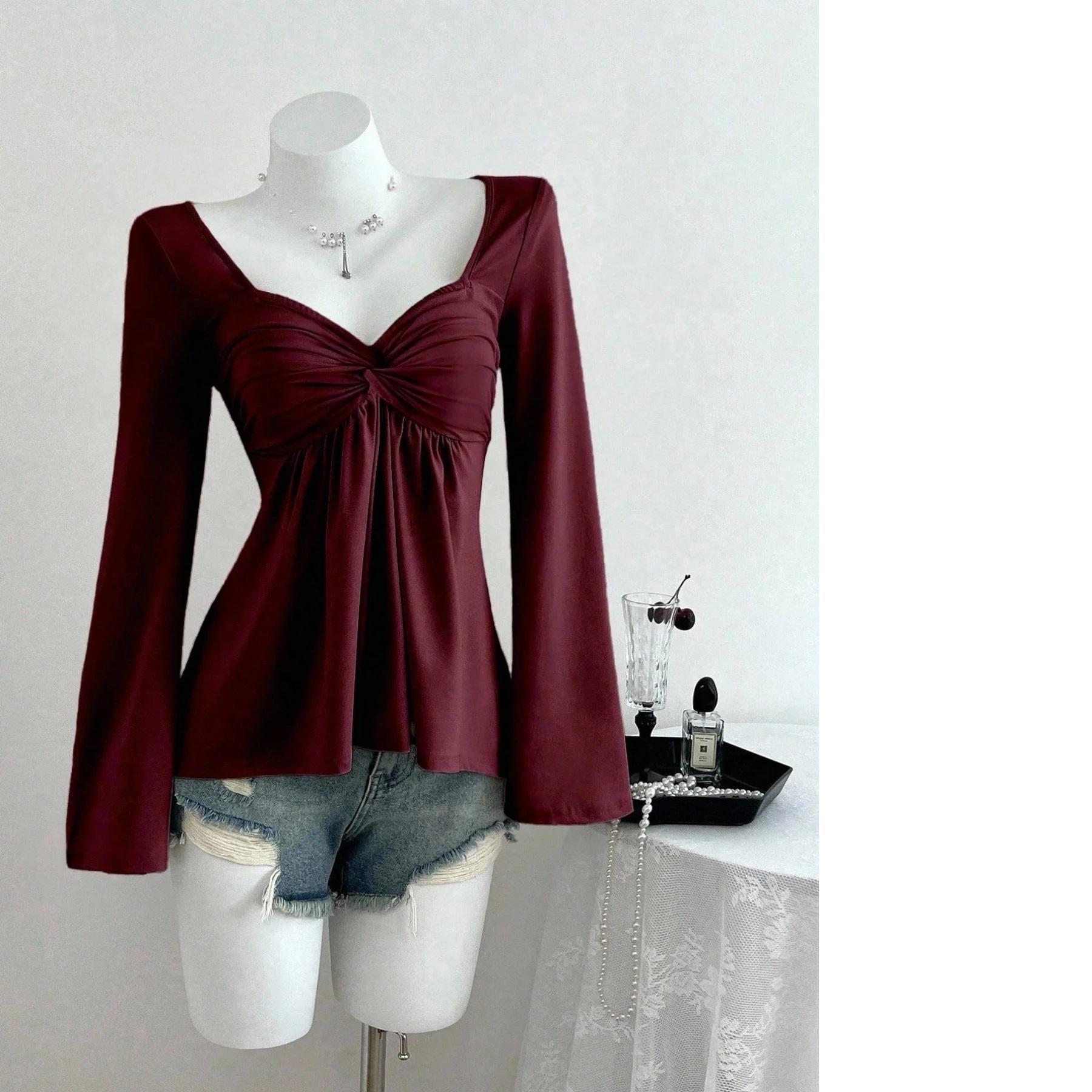 Spring and Autumn New French Design with Twisted Chest Fashionable Style Autumn Spring Hoodie Long Sleeve Top for Women S бордовый