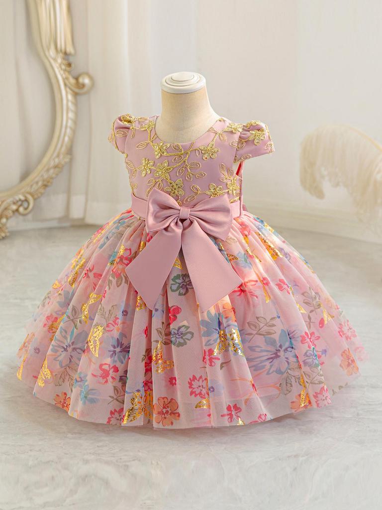 Girls' Puff Tulle Princess Dress with Bowknot for Birthdays & Events