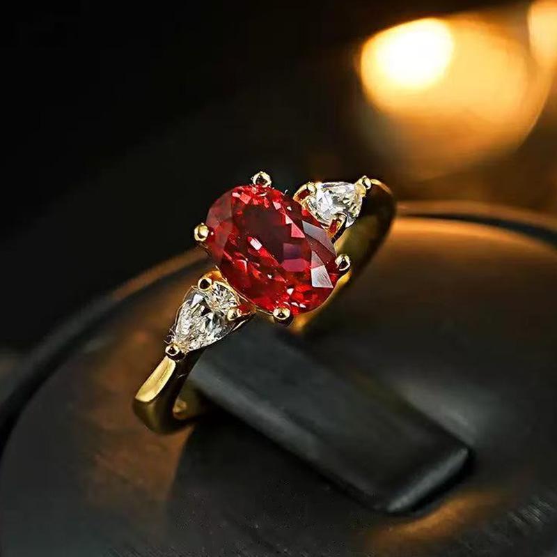 Gold-Plated Simulated Ruby Three-Stone Diamond Ring 