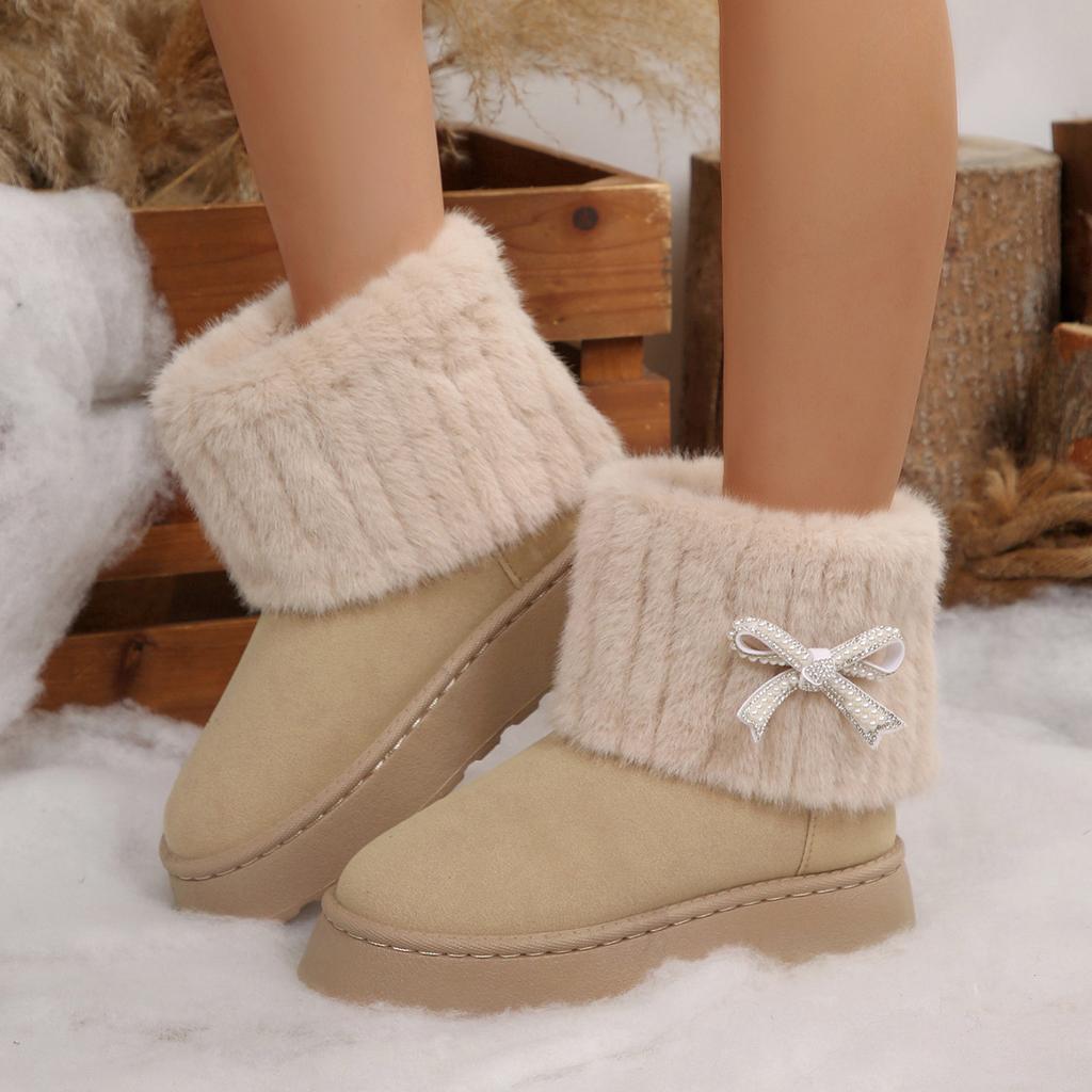 Fashionable Women's Round Toe Warm Thickened Plush Winter Boots Rhinestone Bow Thick Sole Casual Comfortable Women Snow Boots