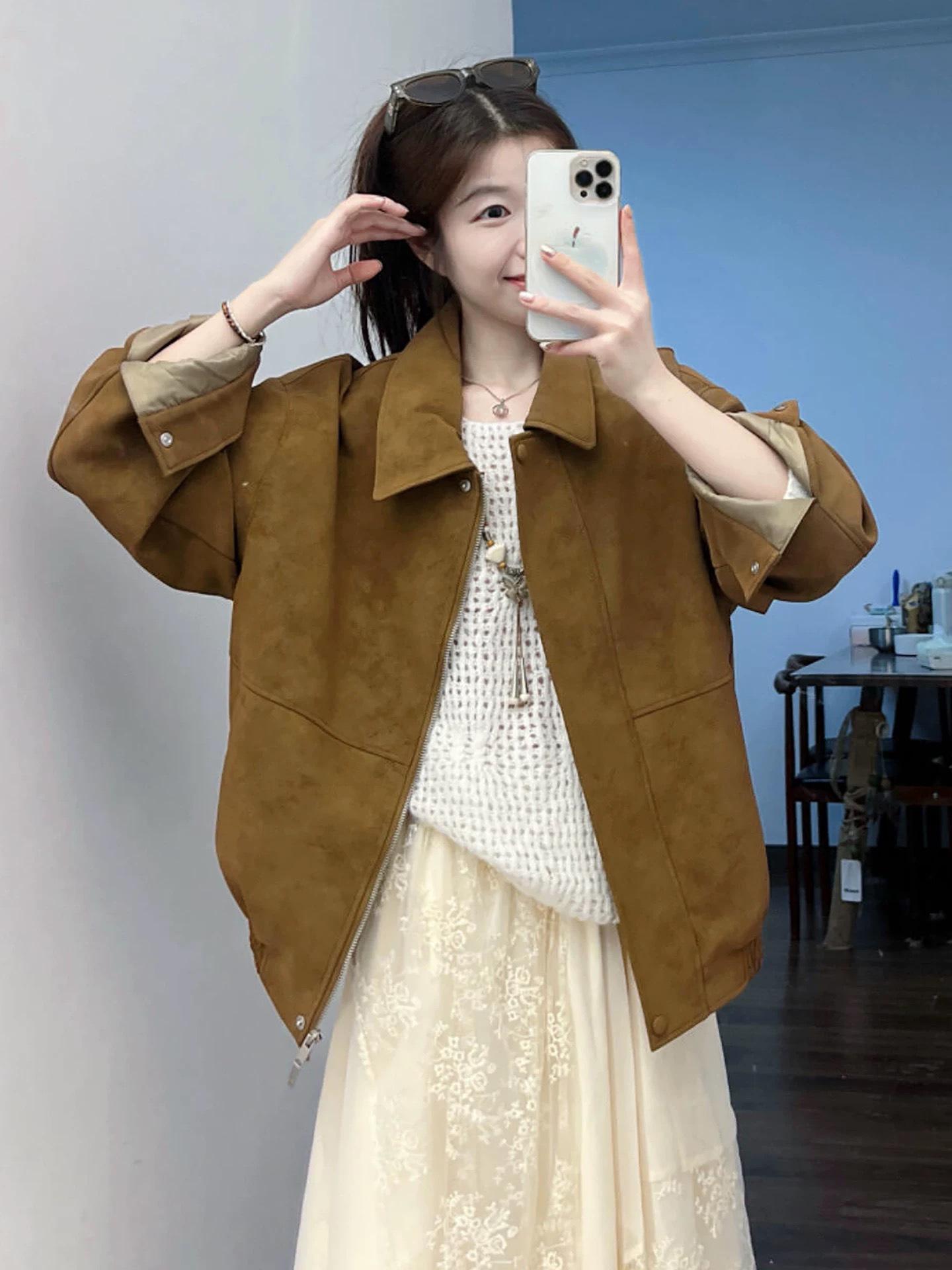 Женская замшевая куртка 2025 - Новая, свободная, с универсальным воротником, коричневая XL коричневый