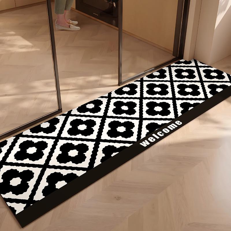 PVC Kitchen Floor Mat Waterproof Leather Foot Mats Non-slip Oil Proof Carpet Long Rug Black Flower Stripe Home Decoration Rugs