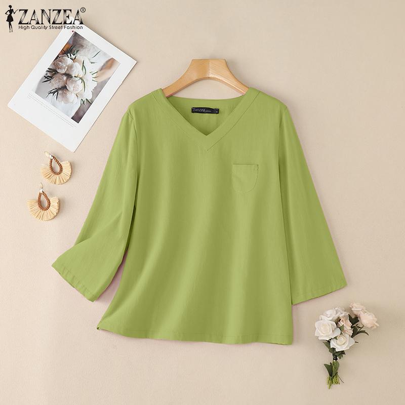 ZANZEA Women Casual V-Neck Loose 3/4 Sleeve Cotton Blouse